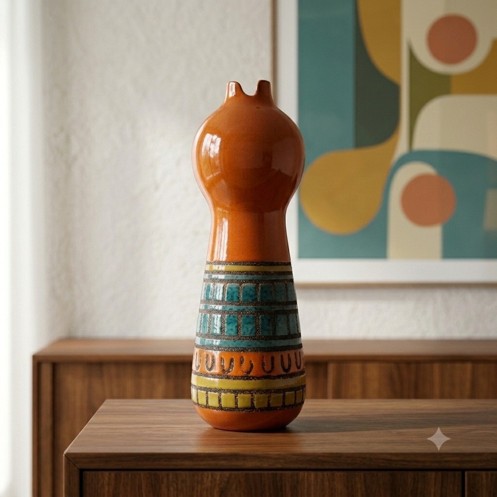 Global Views Italian Pottery Vase Orange Geometric Art Pottery 16 Inch‎